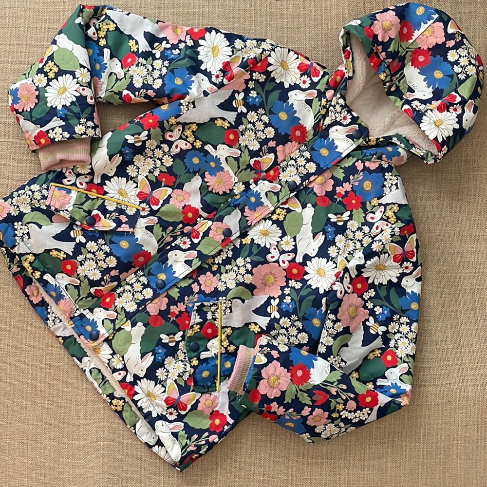 EUC Mini Boden water repellant fleece lined anorak, bunny butterfly bee floral - Picture 1 of 10